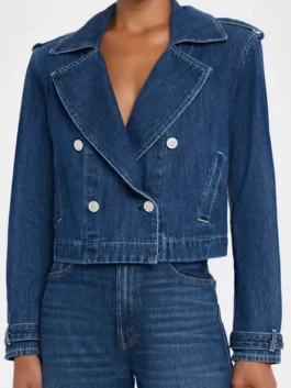 Maddie Kendall blazer with neat denim texture and polished shape.