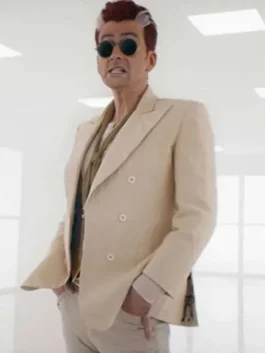Good Omens S03 beige blazer with clean front design and polished outerwear look.