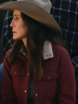 Heartland S19 burgundy jacket with clean TV-inspired outerwear look.