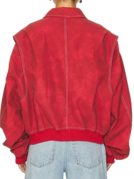 Off Campus red bomber jacket with bold character-based design.