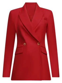 Running Point S02 red blazer with bold TV-inspired outerwear look.