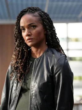 Black leather jacket inspired by Mekia Cox in The Rookie Season 8.