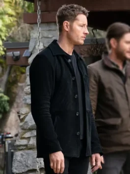 Tracker S03 Justin Hartley Black Suede Jacket side view showing soft black texture and sleeve fit