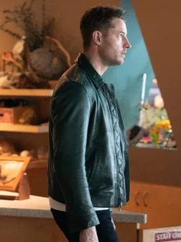 Justin Hartley jacket with green leather finish and classic screen-inspired appeal.