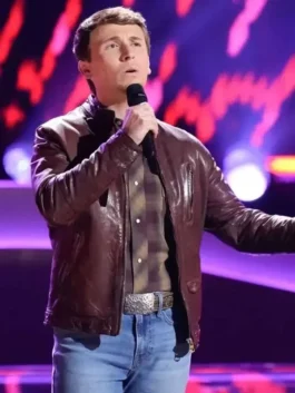The Voice brown leather jacket with classic fit and celebrity TV appeal.