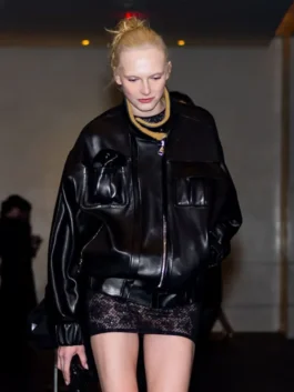 Met Gala Party black leather jacket with sleek celebrity styling.