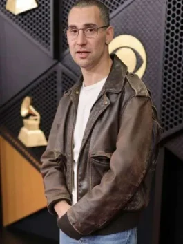 Jack Antonoff jacket with polished leather texture and neat shape.