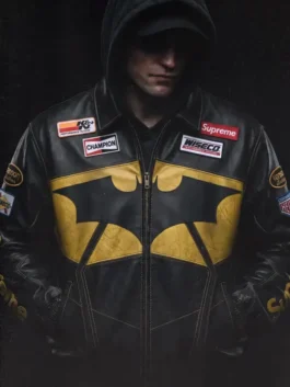 The Batman black leather jacket with clean superhero-inspired look.