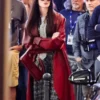 The Devil Wears Prada 2 Red Leather Coat front view showing red leather texture, collar, and coat fit