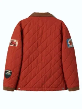 Brandi Carlile jacket with red quilted texture and neat shape.