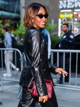 Today 2026 black leather jacket with clean celebrity-inspired style.
