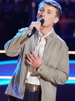 The Voice 2026 Dylan Carter Grey Suede Jacket front view.