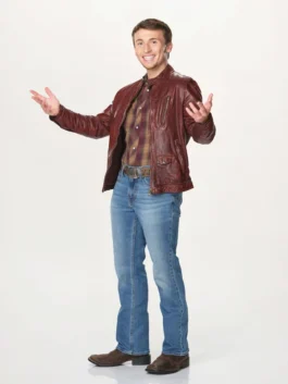 The Voice S24 Dylan Carter brown leather jacket with clean front design.
