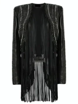 The Voice Reba McEntire Black Fringed Leather Jacket design view showing fringe work and leather texture