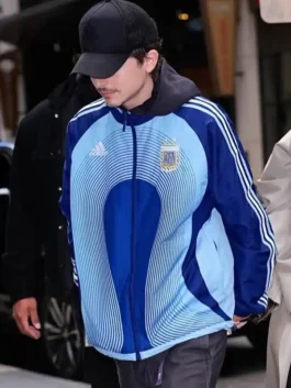 Timothee Chalamet Adidas Argentina Jacket with sporty blue football-inspired styling.