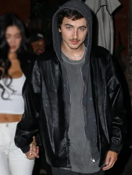 Timothee Chalamet NYC 2026 Black Leather Jacket front view.