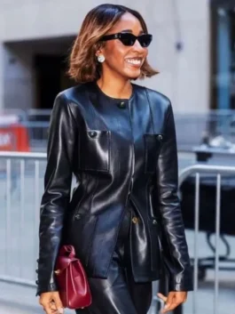 Today 2026 Ayo Edebiri Black Leather Jacket with sleek front styling.