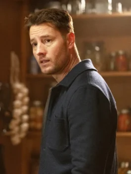 Justin Hartley blue wool jacket inspired by Tracker Season 3 style.