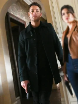 Tracker S03 Justin Hartley Black Wool Coat front view.