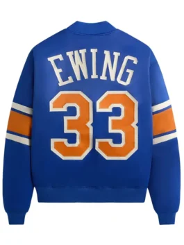 Patrick Ewing blue varsity jacket inspired by New York Knicks basketball fashion.