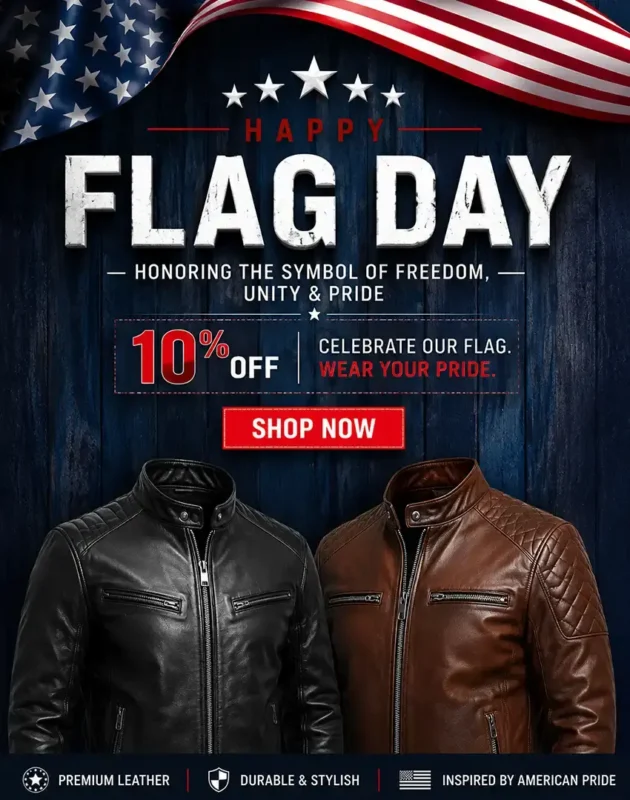 Patriotic American flag leather jacket with red and white stripes on the chest and stars on the sleeve.