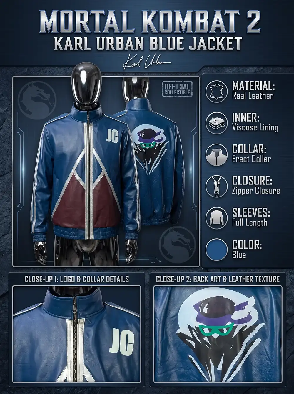 Product infographic for the Mortal Kombat 2 Karl Urban Blue Jacket, displaying full front and back views on a mannequin, technical specifications, and close-ups of the "JC" chest logo and printed back art.