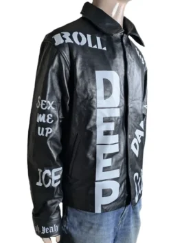 Cool as Ice Jacket with black leather texture, stand-up collar, button front, and vintage bomber appeal