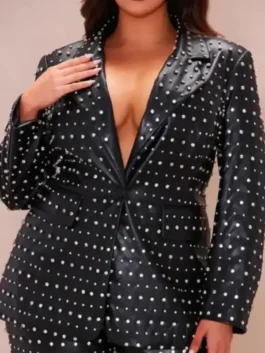 Yoshihanna Embellished Leather Blazer front look showing embellished design, lapel, and leather finish