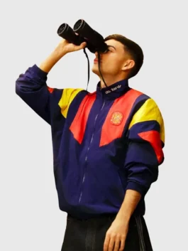 Adidas Backyard Legends Pedri Jacket with smooth polyester texture, stand collar, and relaxed sports fit