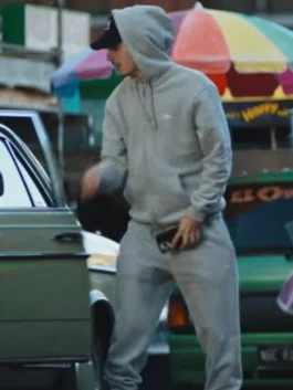 Adidas Backyard Legends Timothee Chalamet Tracksuit front view with grey fleece, zipper front, and hood