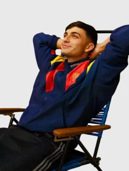Adidas Backyard Legends Pedri Jacket with World Cup 2026 styling, polyester body, and clean zip front