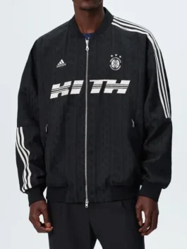 A professional Adidas x Kith Lionel Messi Bomber Jacket showcasing the luxury athletic silhouette and tailored fit.