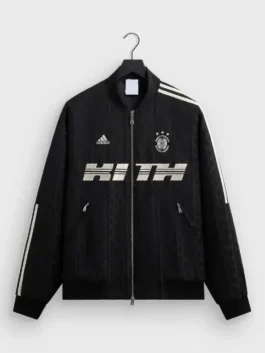 Front profile of the Adidas x Kith Lionel Messi Bomber Jacket showing the classic ribbed collar and premium hardware closure.