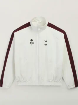 Adidas x Willy Chavarria Woven Jacket front view with white woven fabric, zip closure, and track styling