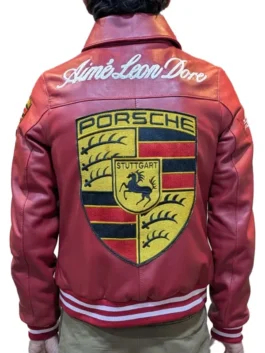 Aime Leon Dore Porsche 993 Red Leather Jacket with real leather body, shirt collar, and rib knitted hem