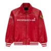 Aime Leon Dore Porsche 993 Red Leather Jacket with red real leather, rib cuffs, rib hem, and shirt collar