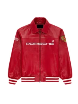 Aime Leon Dore Porsche 993 Red Leather Jacket with red real leather, rib cuffs, rib hem, and shirt collar