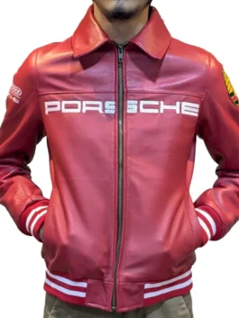Aime Leon Dore Porsche 993 Red Leather Jacket front view with red real leather, zip front, and rib cuffs