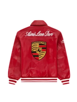 Aime Leon Dore Porsche 993 Red Leather Jacket back view with red leather, rib hem, and full sleeves