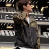 Premium cotton Arirang Suga Stanford Stadium Jacket in olive green and black, boasting a comfortable hooded collar design.