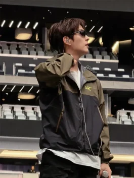 Premium cotton Arirang Suga Stanford Stadium Jacket in olive green and black, boasting a comfortable hooded collar design.