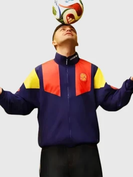 Adidas Backyard Legends Pedri Jacket in polyester with stand collar, zip front, and clean sporty styling
