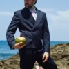 Bad Bunny Zara Blazer in black suiting fabric with lapel collar, button front, and polished formal style