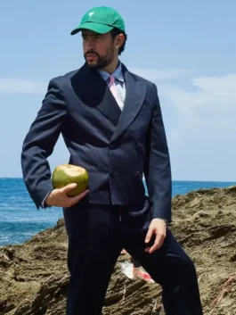 Bad Bunny Zara Blazer in black suiting fabric with lapel collar, button front, and polished formal style