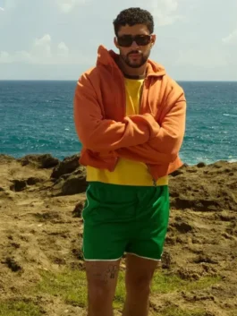 Bad Bunny Zara Hoodie in orange fleece with zip-up styling, hooded collar, and ribbed streetwear finish