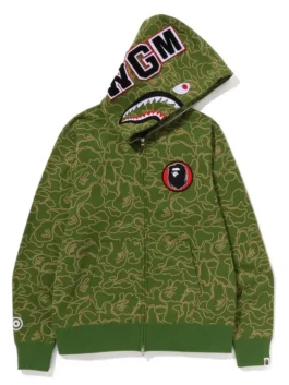 Bape 30th Anniversary Shark Camo Hoodie with fleece fabric, shark camo design, and zip-up streetwear fit