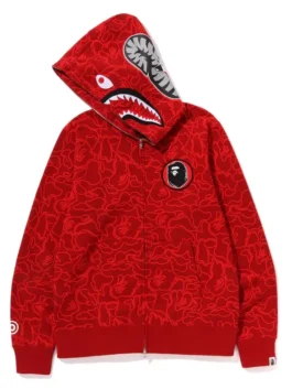 Bape 30th Anniversary Shark Camo Hoodie front view with shark camo print, zipper front, and hood