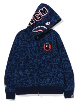 Bape 30th Anniversary Shark Camo Hoodie in navy camo fleece with hooded collar and zipper style