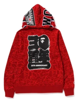 Bape 30th Anniversary Shark Camo Hoodie in red camo fleece with zip-up front and hooded streetwear style