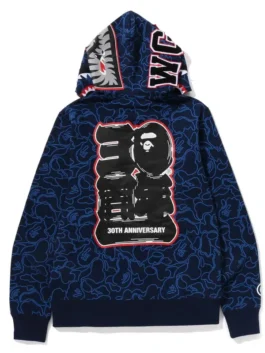 Bape 30th Anniversary Shark Camo Hoodie navy back view with camo print and hooded streetwear style